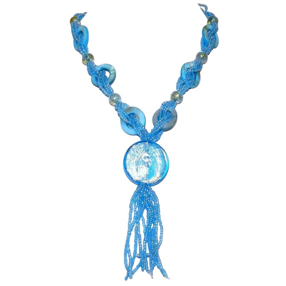 FN138 New Blue Silver Foil Glass Pendant & Mother of Pearl Gemstone Necklace 18"